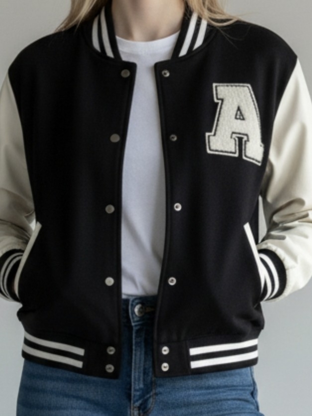 SHEIN Black and White Varsity Letterman Jacket for Kids